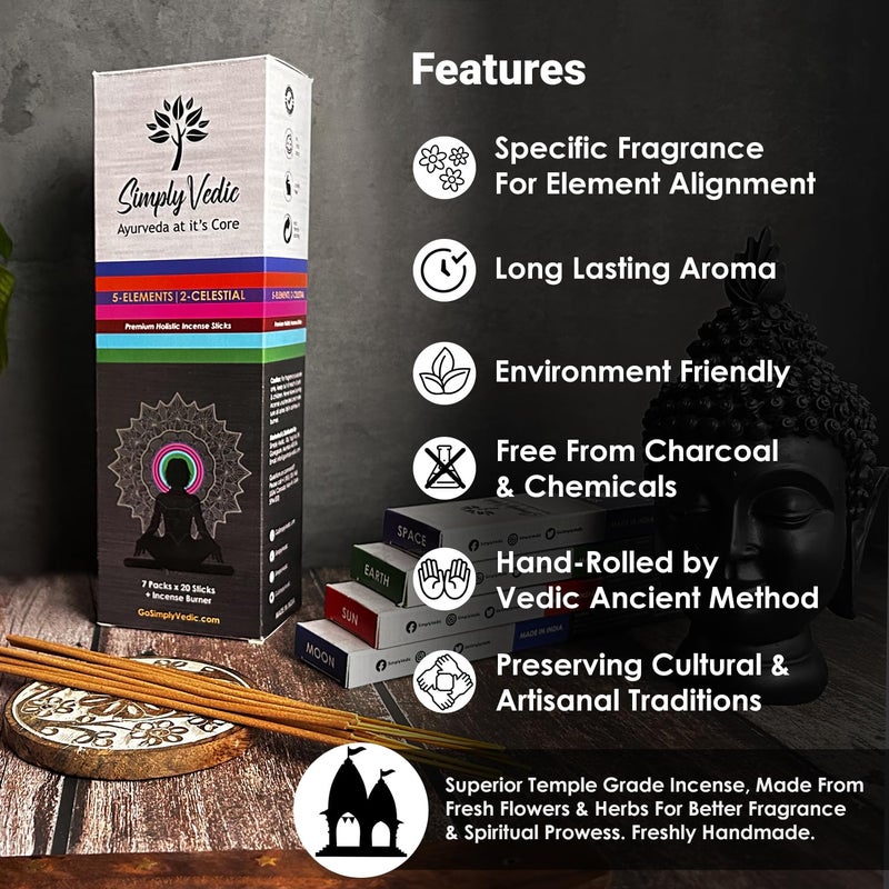 Simply Vedic 5 Elements Premium Incense Sticks with Burner| Agarbatti for Meditation, Yoga, Reiki, Healing, Aromatherapy, Energy Cleansing (Pack of 7 Variants x 20 Sticks: Lasting 60 Minutes Each) - Image 4
