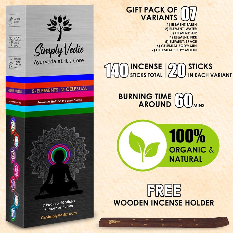 Simply Vedic 5 Elements Premium Incense Sticks with Burner| Agarbatti for Meditation, Yoga, Reiki, Healing, Aromatherapy, Energy Cleansing (Pack of 7 Variants x 20 Sticks: Lasting 60 Minutes Each) - Image 2