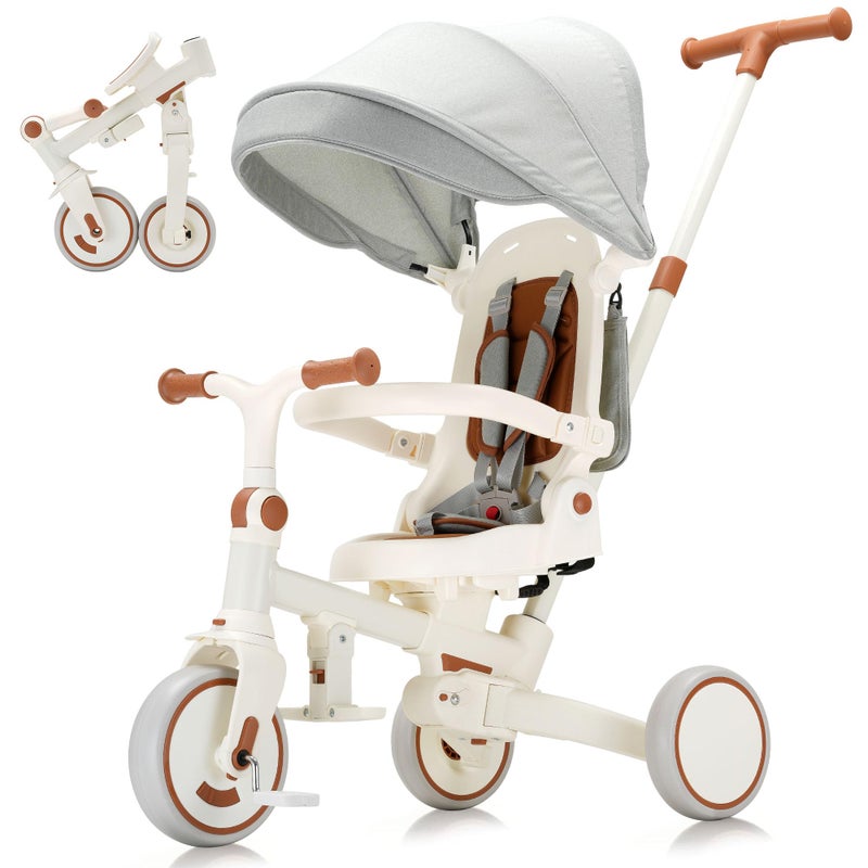AOPEC 7-in-1 Toddler Tricycle with Parent Push Handle & Canopy, Fully Foldable & Adjustable Stroller, Balance and Pedal Bike for Kids 18 Months to 5 Years,Beige - Image 1