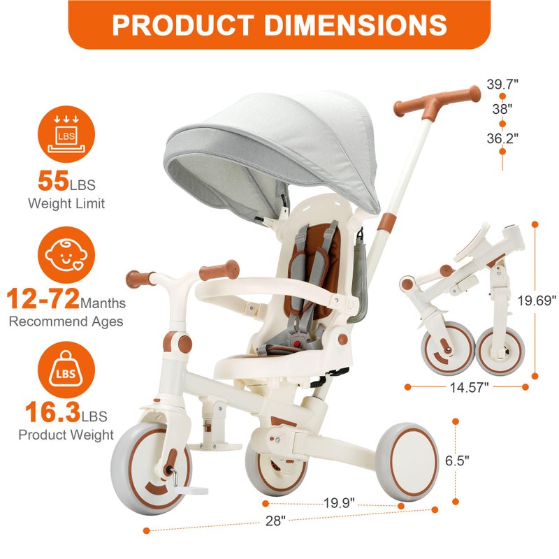 AOPEC 7-in-1 Toddler Tricycle with Parent Push Handle & Canopy, Fully Foldable & Adjustable Stroller, Balance and Pedal Bike for Kids 18 Months to 5 Years,Beige - Image 2