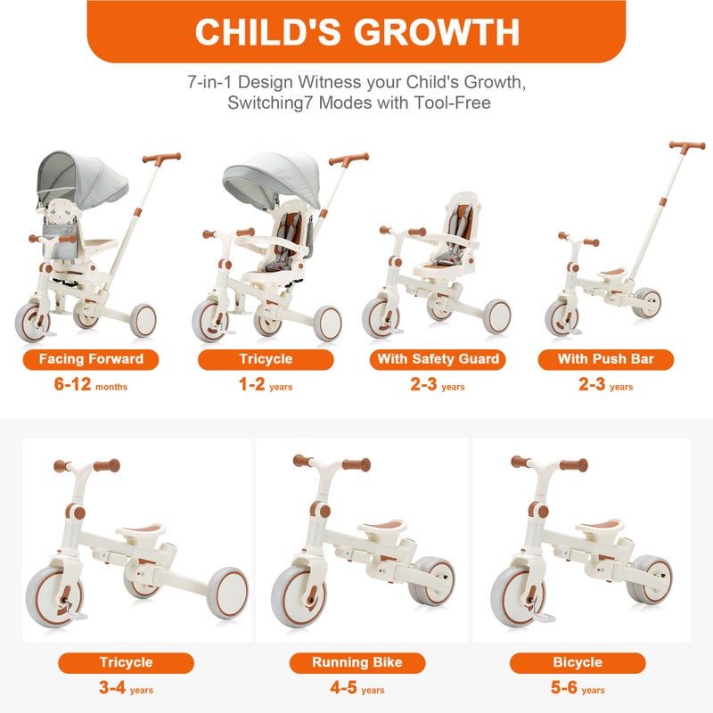 AOPEC 7-in-1 Toddler Tricycle with Parent Push Handle & Canopy, Fully Foldable & Adjustable Stroller, Balance and Pedal Bike for Kids 18 Months to 5 Years,Beige - Image 3