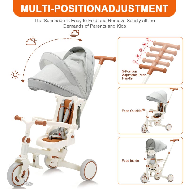 AOPEC 7-in-1 Toddler Tricycle with Parent Push Handle & Canopy, Fully Foldable & Adjustable Stroller, Balance and Pedal Bike for Kids 18 Months to 5 Years,Beige - Image 5