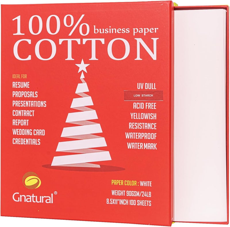gnatural Business Paper 100% Cotton 21.6 x 27.9 cm 10.9 kg Inkjet Laser Printing Paper White Waterproof Watermark Paper 100 Sheets Low Strength - Image 1