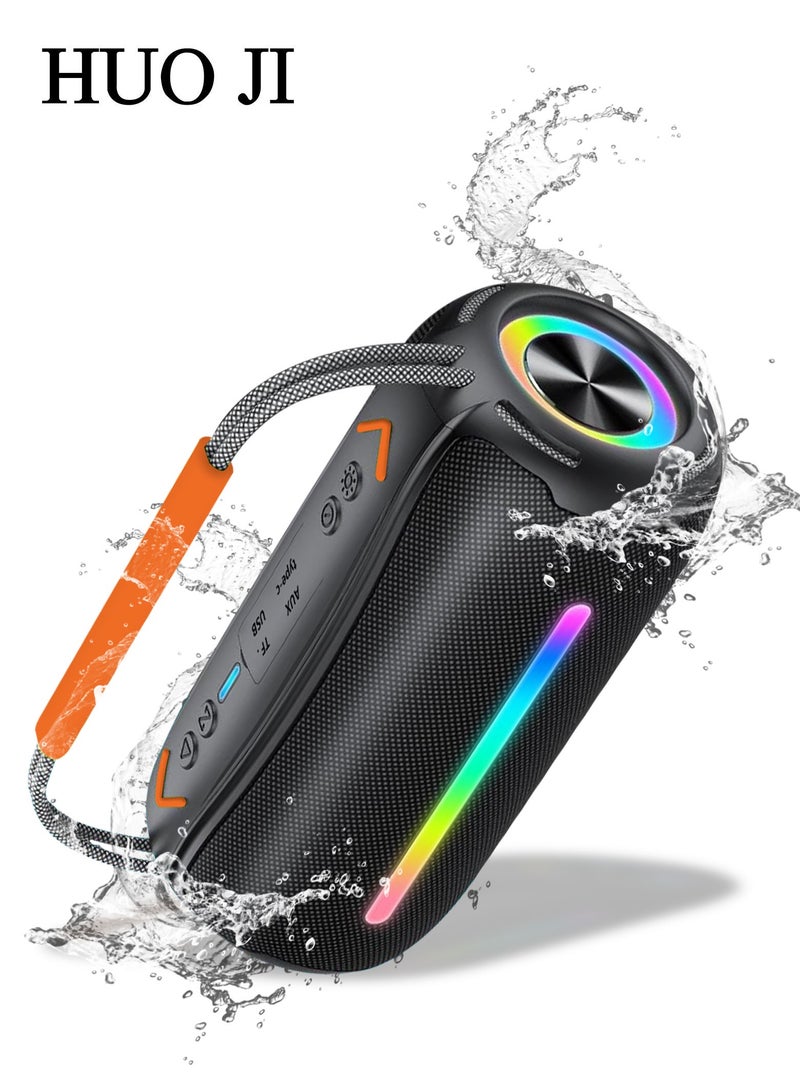 هواو جي مكبر صوت بلوتوث، مكبر صوت بلوتوث لاسلكي مع سائقين 66 مم، بطارية 4000 مللي أمبير توفر 24 ساعة من وقت التشغيل، أضواء RGB، بلوتوث 5.4، مقاوم للماء IP7، AUX، بطاقة TF، مناسب للاستخدام في المنزل/الحفلات/الأنشطة الخارجية/الشواطئ، أسود - Image 1
