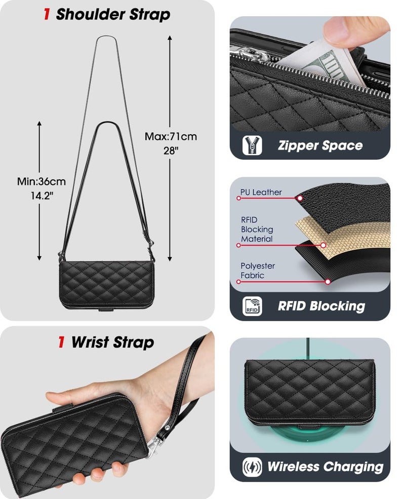 OCASE for iPhone 17 Pro Max Crossbody Wallet Case - Stylish PU Leather Handbag Phone Purse with Zipper Closure, Card Slots & RFID Blocking - Wrist Strap, Lanyard, Kickstand - Diamond Check Black - Image 4
