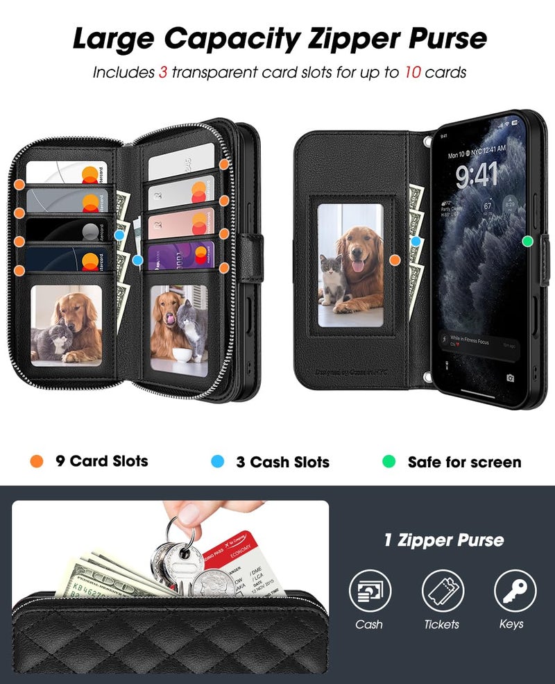 OCASE for iPhone 17 Pro Max Crossbody Wallet Case - Stylish PU Leather Handbag Phone Purse with Zipper Closure, Card Slots & RFID Blocking - Wrist Strap, Lanyard, Kickstand - Diamond Check Black - Image 3