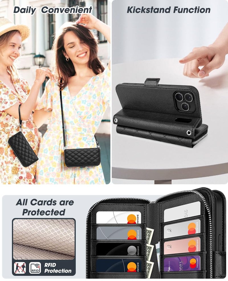 OCASE for iPhone 17 Pro Max Crossbody Wallet Case - Stylish PU Leather Handbag Phone Purse with Zipper Closure, Card Slots & RFID Blocking - Wrist Strap, Lanyard, Kickstand - Diamond Check Black - Image 5
