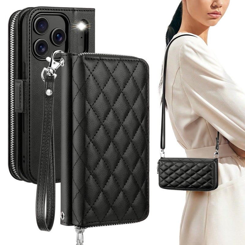 OCASE for iPhone 17 Pro Max Crossbody Wallet Case - Stylish PU Leather Handbag Phone Purse with Zipper Closure, Card Slots & RFID Blocking - Wrist Strap, Lanyard, Kickstand - Diamond Check Black - Image 1