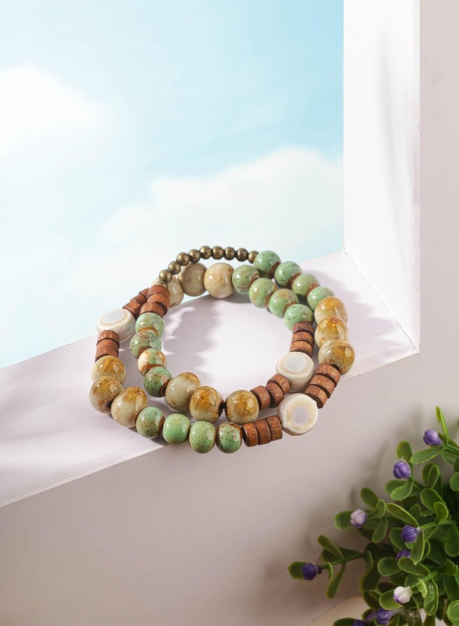 MINACHI Bohemian Ceramic Wooden Bead Bracelet, Double Circle Style, Green Yellow Gradient, Delicate Jewelry for Women - Image 5