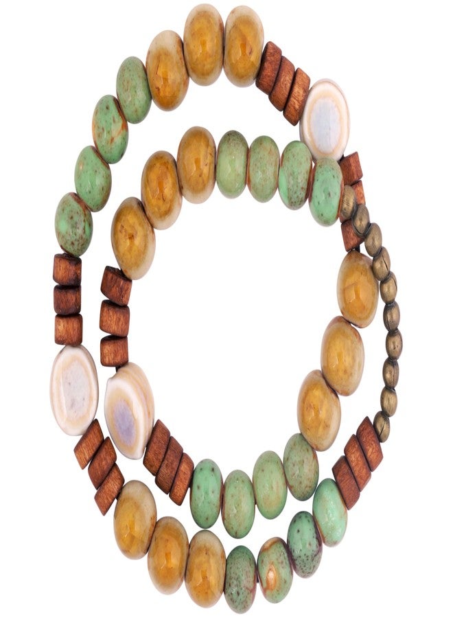 MINACHI Bohemian Ceramic Wooden Bead Bracelet, Double Circle Style, Green Yellow Gradient, Delicate Jewelry for Women - Image 1