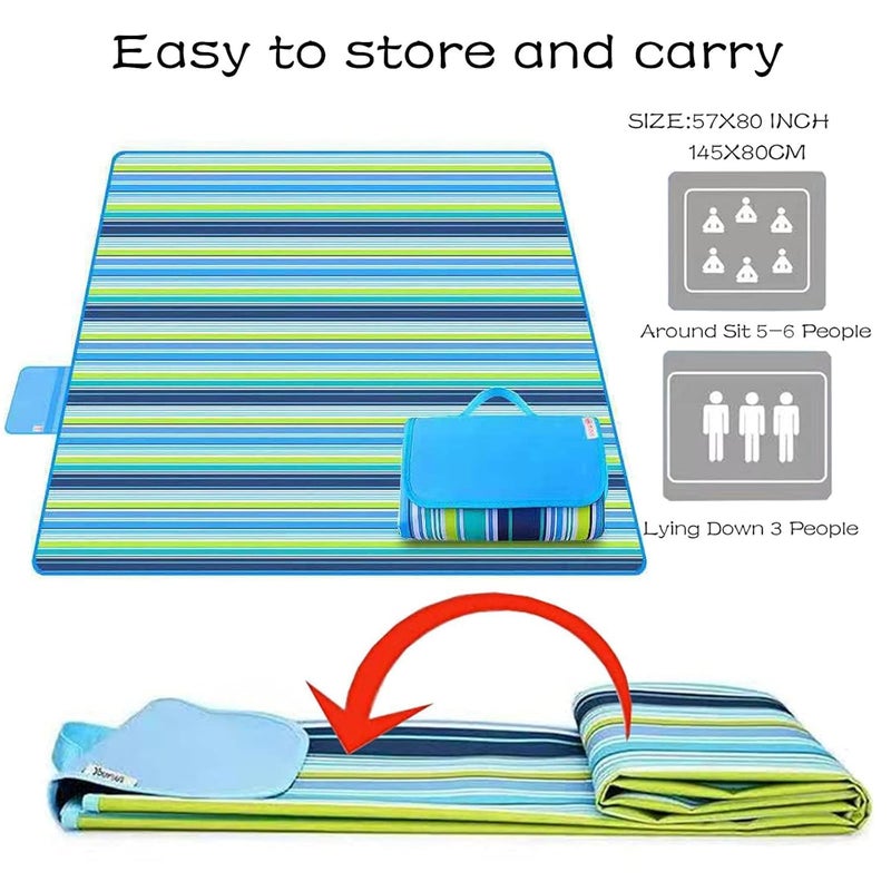 GRABIT Picnic Blanket | Beach Picnic mat for Indoor & Outdoor, Sandproof Waterproof Larger Mat for Travel, Camping, Hiking, Park Grass,Handy Mat Tote, Foldable (Blue Line, Fabric) (150 X 100 CM) - Image 4