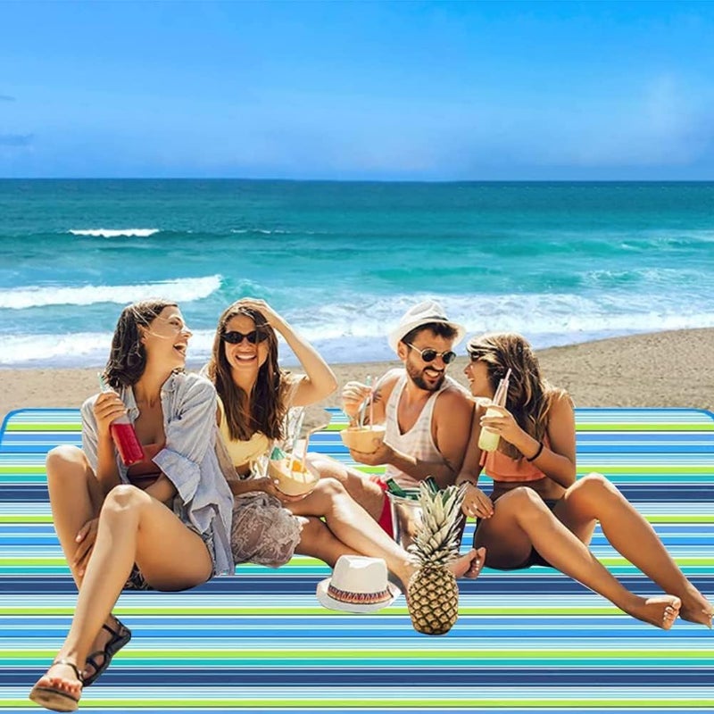 GRABIT Picnic Blanket | Beach Picnic mat for Indoor & Outdoor, Sandproof Waterproof Larger Mat for Travel, Camping, Hiking, Park Grass,Handy Mat Tote, Foldable (Blue Line, Fabric) (150 X 100 CM) - Image 3