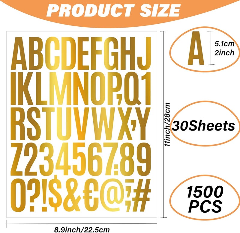 Metsyth Letter Stickers 30 Sheets 1500 PCS Large Alphabet Sticker 2 Inch Vinyl Self Adhesive Stick on Stickers for Water Bottles Cup Mailbox Number Address Crafts Scrapbooking Bulletin Board Decor (Gold) - Image 2
