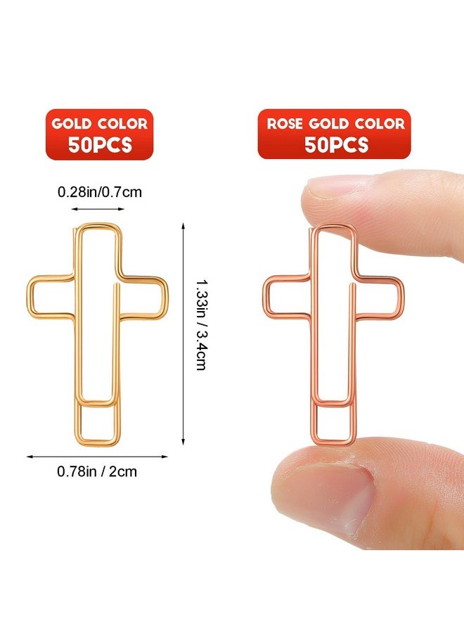 Tenare - 100 Pieces Cross Paper Clips With Clear Plastic Box, Gold And Rose Gold Color Paper Clips Metal Journaling Paper Clamps Office Paperclips For Paper Document Note Sorting And Organizing - Image 1
