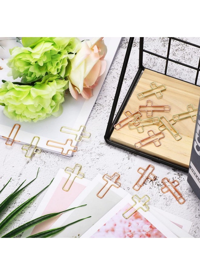Tenare - 100 Pieces Cross Paper Clips With Clear Plastic Box, Gold And Rose Gold Color Paper Clips Metal Journaling Paper Clamps Office Paperclips For Paper Document Note Sorting And Organizing - Image 1