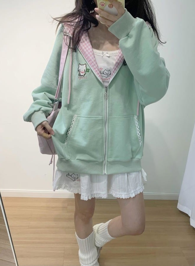 Dynict Womens Y2K Zip Up Cute Graphic Hoodies Cat Ears Casual Cartoon Harajuku Kawaii Clothes Oversize Streetwear Jacket, Green, S - Image 4