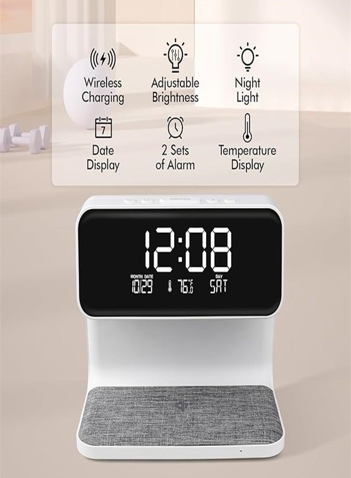 Wireless Charging Alarm Clock 15W Max for Deep Sleepers Digital Clock with Date and Temperature Night Light Desk Clock with Phone Charger Electronic LED Display Suitable for Office Bedroom Living Room - Image 4