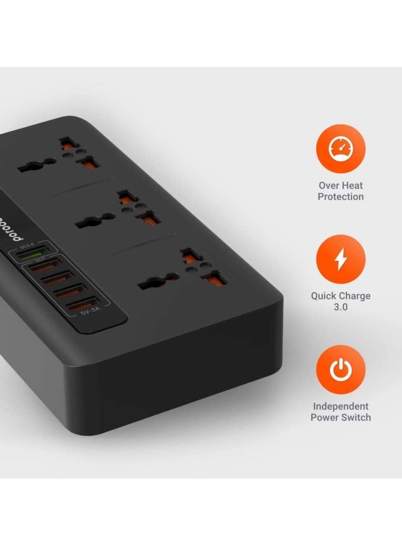 Generic 4 USB Port 3.4A + 1 Quick Charge 3.0 with 3 Universal Power Sockets 10A, Independent Power Switch with Timer,Sockets USB HUBS,Charging Station,Over Heat Protection (Black)  - Image 2