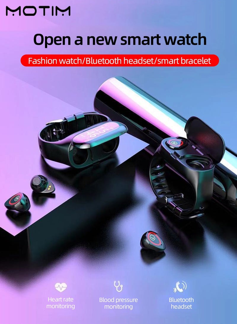 موتيم ساعة ذكية 2 في 1 سوار لاسلكي 2 في 1، سماعات أذن لاسلكية بسوار لاسلكي يعمل بالبلوتوث، ساعة ذكية وسماعات أذن تعمل بالبلوتوث، سماعات أذن لاسلكية مانعة للضوضاء مقاومة للماء، جهاز تتبع اللياقة البدنية، كشف معدل ضربات القلب، قياس ضغط الدم - Image 2