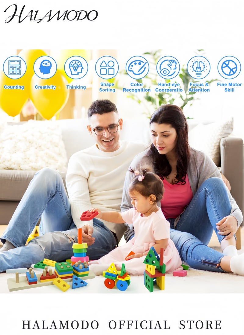 25-Piece Wooden Geometric Shape Stacking Blocks Set for Toddlers Montessori-Inspired Educational Sorting and Stacking Toys for Color＆Shape Recognition and Motor Skills Development