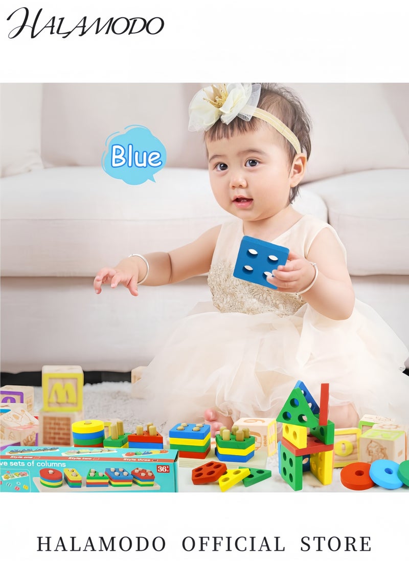 25-Piece Wooden Geometric Shape Stacking Blocks Set for Toddlers Montessori-Inspired Educational Sorting and Stacking Toys for Color＆Shape Recognition and Motor Skills Development