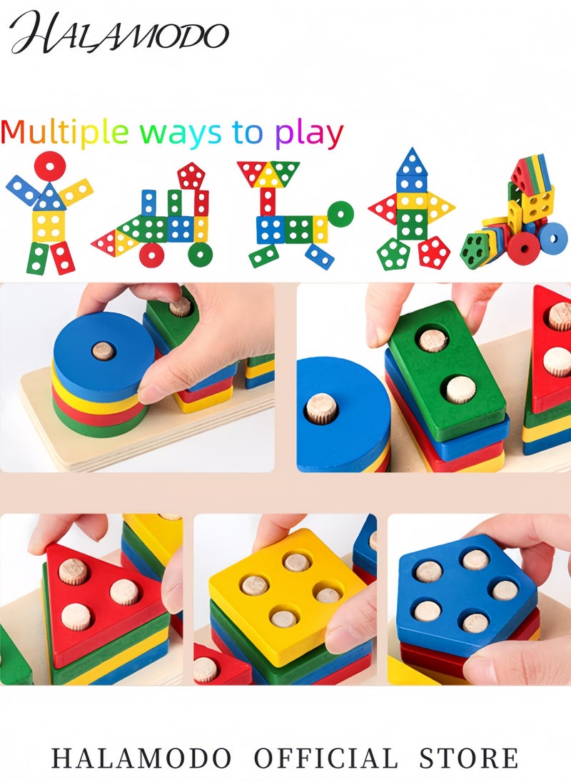 25-Piece Wooden Geometric Shape Stacking Blocks Set for Toddlers Montessori-Inspired Educational Sorting and Stacking Toys for Color＆Shape Recognition and Motor Skills Development