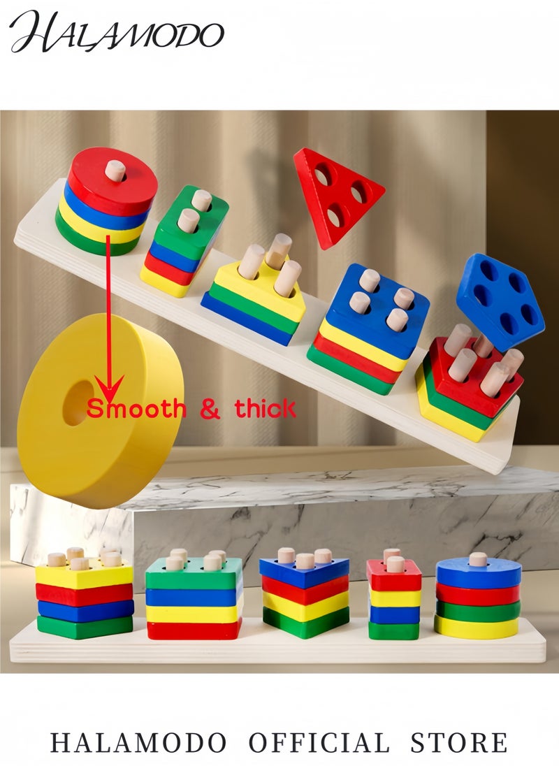 25-Piece Wooden Geometric Shape Stacking Blocks Set for Toddlers Montessori-Inspired Educational Sorting and Stacking Toys for Color＆Shape Recognition and Motor Skills Development