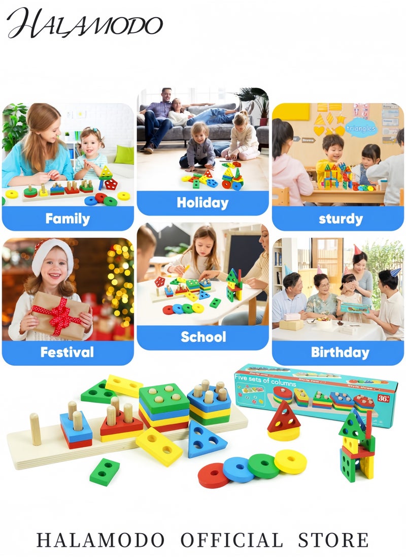 25-Piece Wooden Geometric Shape Stacking Blocks Set for Toddlers Montessori-Inspired Educational Sorting and Stacking Toys for Color＆Shape Recognition and Motor Skills Development
