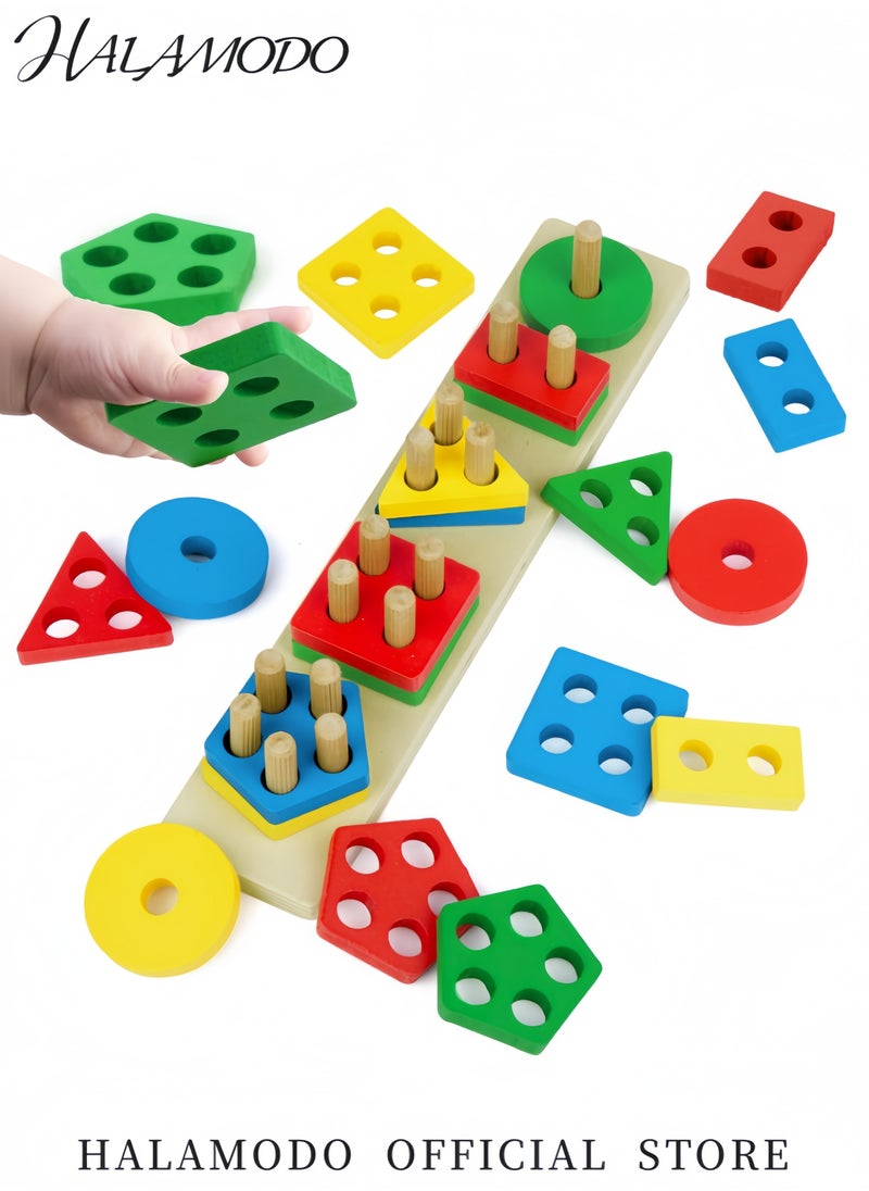 25-Piece Wooden Geometric Shape Stacking Blocks Set for Toddlers Montessori-Inspired Educational Sorting and Stacking Toys for Color＆Shape Recognition and Motor Skills Development