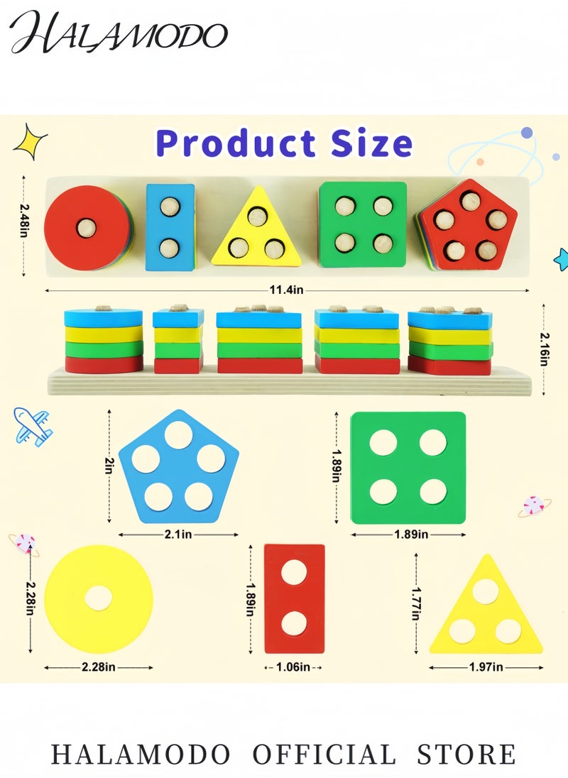 25-Piece Wooden Geometric Shape Stacking Blocks Set for Toddlers Montessori-Inspired Educational Sorting and Stacking Toys for Color＆Shape Recognition and Motor Skills Development