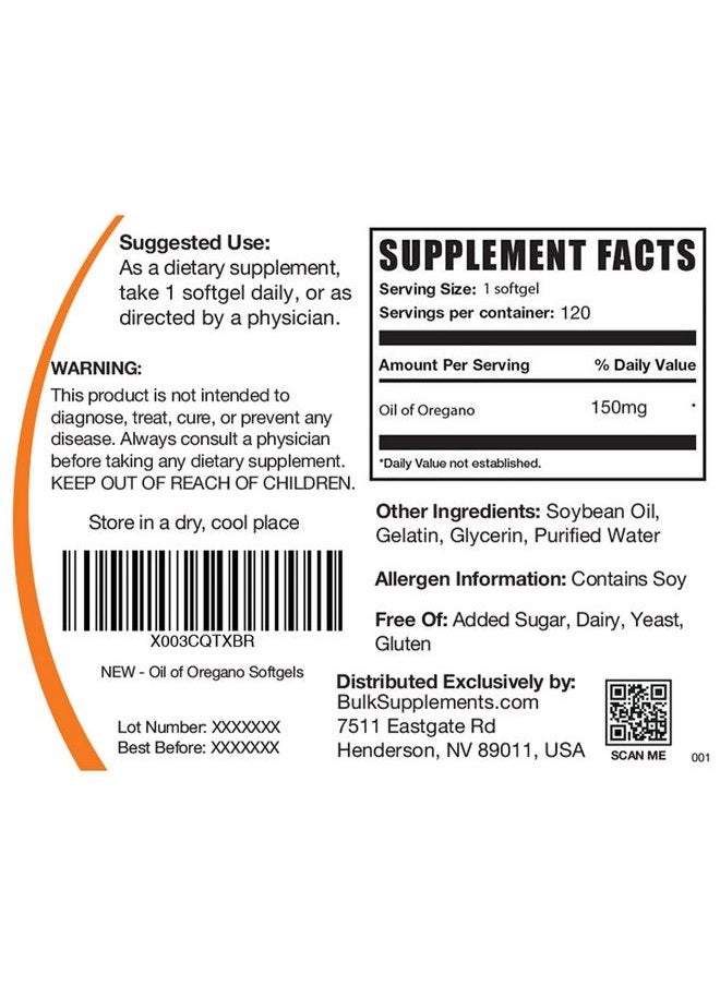 BULKSUPPLEMENTS.COM - Oil Of Oregano Softgels Oregano Oil Supplements From Wild Oregano Oil 150Mg Of Oregano Essential Oil Per 1 Softgel Serving Oregano Oil Capsules (120 Softgels) - Image 1