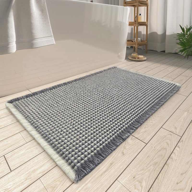 Upgraded Waffle Bath Mat, Super Absorbent Non Slip Bath Mats for Bathroom Floor, Machine Washable Bathroom Rugs with Tassels, Rubber Backed Bathroom Mats, Ultra Soft, 17" x 24",DarkGrey & Cream
