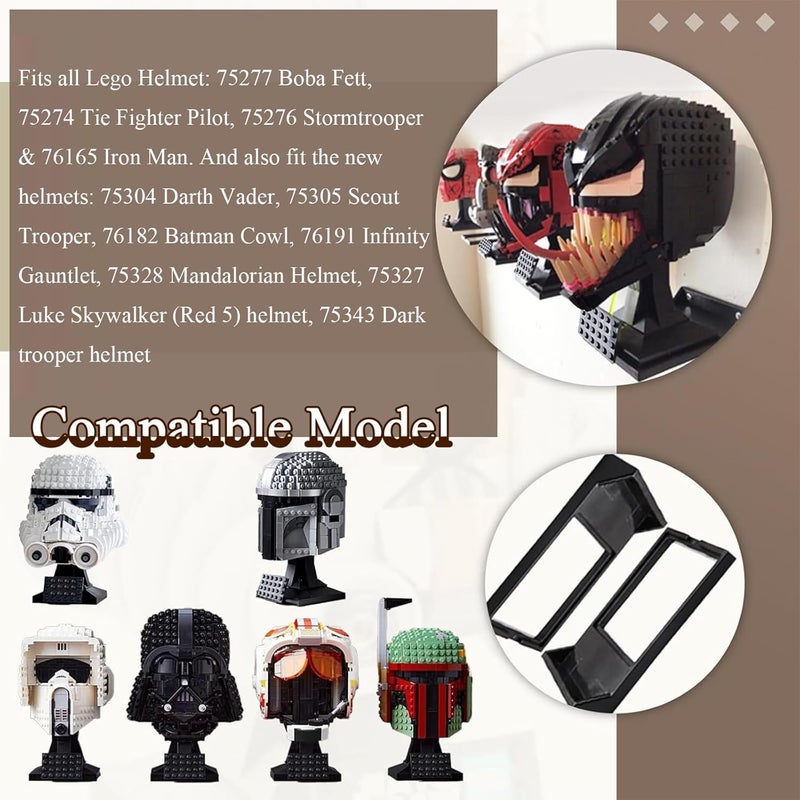 WFCYX 16 Pcs Black Wall Mount Display Stand Fits Lego Helmet, Wall Mount Display Shelf, Compatible with All Standard Lego Helmets, Boba Fett 75277/Tie Fighter Pilot 75274/Stormtrooper 75276 - Image 3