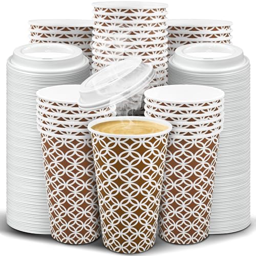 Ginkgo 100 Pack Disposable To Go Coffee Cups with Lids 16 oz Brown Minimalist Pattern Paper Hot CoCoa Cups Suitable for Travel Party Shops Cafes - Image 2