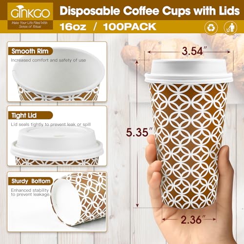 Ginkgo 100 Pack Disposable To Go Coffee Cups with Lids 16 oz Brown Minimalist Pattern Paper Hot CoCoa Cups Suitable for Travel Party Shops Cafes - Image 5