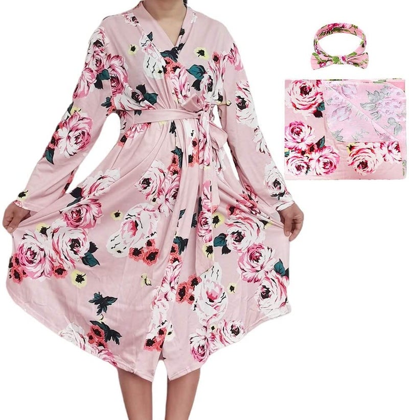 SUFEINI Maternity Robes and Matching Swaddle Blanket Set, Women Mommy Postpartum Robe Hospital Labor and Delivery Gown - Image 1
