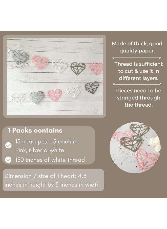 Pinfliers Pinfliers Anniversary Party Paper Heart Bunting, 15 pieces, Pink, white and silver, 75 inches in length  - Image 2