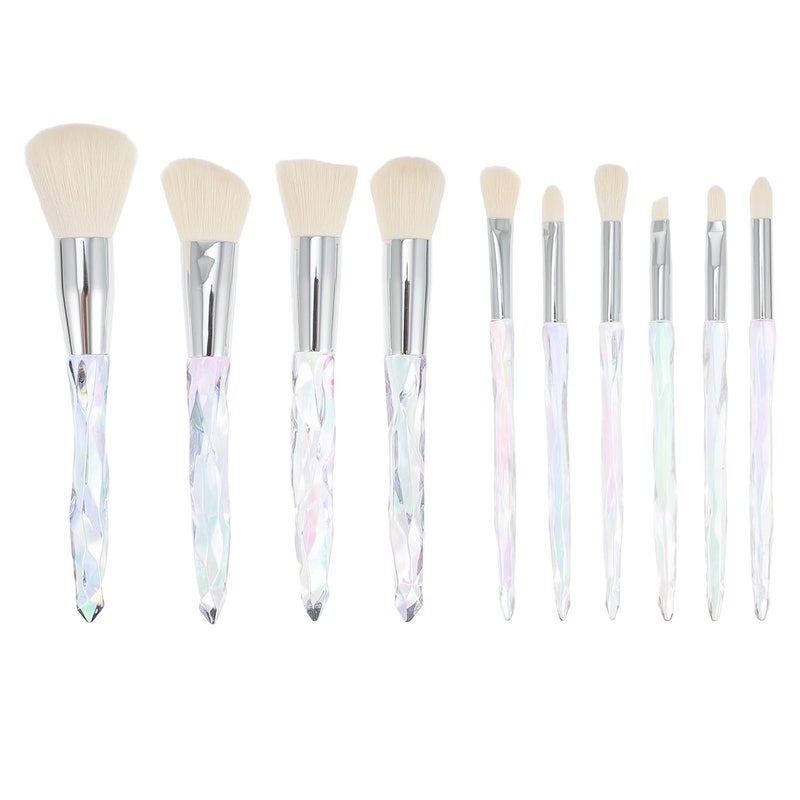 10pcs Makeup Brush Set with Crystal Acrylic Handles, Silver Ferrules, White Synthetic Bristles for Foundation, Powder, Eyeliner – Professional Cosmetic Kit for Face and Eye Makeup - Image 1