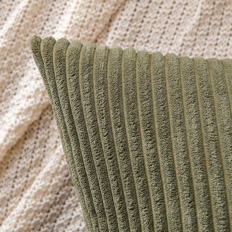 EMEMA Pack of 2 Corduroy Throw Pillow Covers Decorative Soft Striped Rectangle Cushion Cases Pillowcases Spring for Couch Sofa Bedroom Chair Car 12x20 Inch Olive Green - Image 2