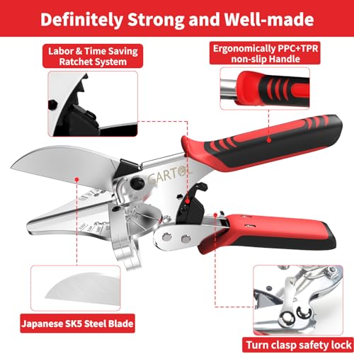 GARTOL Ratchet Miter Shears, 45°-135° Adjustable Multi-Angle Cutter for Molding, Trim & Quarter Round – Precision Hand Tool for PVC & Soft Wood – Includes 5 Anvils & Replaceable Blade - Image 2