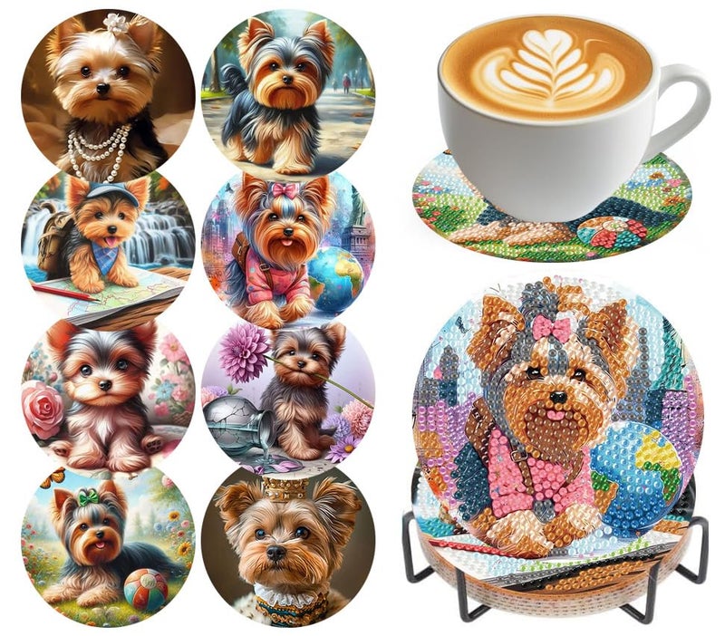 croshom Dogs Diamond Art Coasters Kits, 8 Pieces Puppy Diamond Painting Coasters with Holder, Diamonds Art Painting Kits, 5D DIY Diamonds Arts Kit for Adults Gift - Image 1