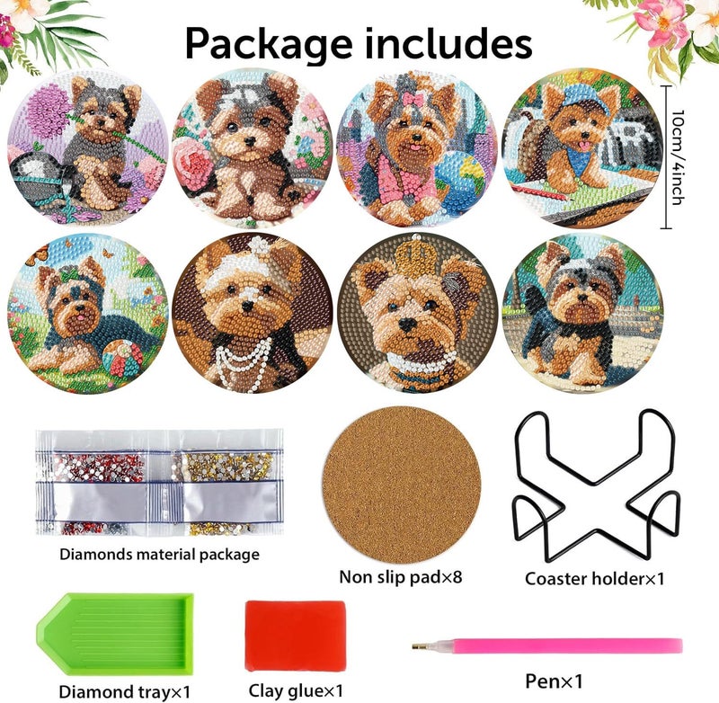 croshom Dogs Diamond Art Coasters Kits, 8 Pieces Puppy Diamond Painting Coasters with Holder, Diamonds Art Painting Kits, 5D DIY Diamonds Arts Kit for Adults Gift - Image 2