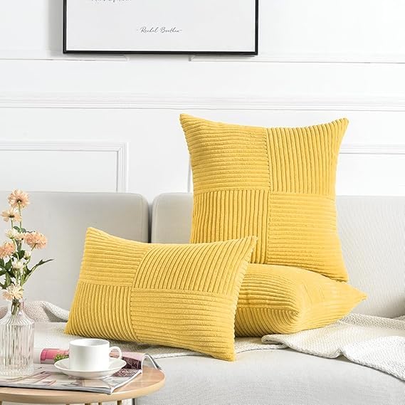 Guffaw Corduroy Pillow Covers Boho Decorative Spliced Throw Pillow Covers Soft Solid Couch Pillowcases Cross Patchwork Cushion Covers for Living Room Bed Sofa 16x16 inch (3, Mustard Yellow) - Image 2