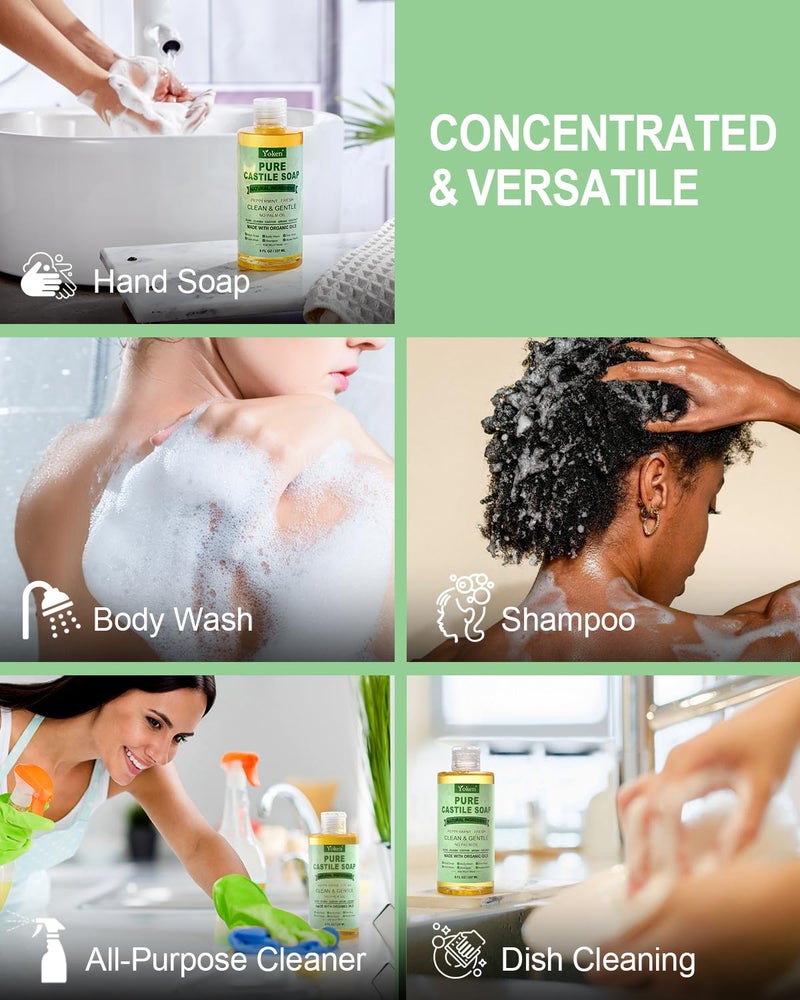 Yoken Peppermint Castile Soap Liquid 8 OZ, Made with Certified Organic Oils, Gentle Peppermint Soap for Body Wash, Face, Hands, Dishes, Laundry & More - Vegan & Natural Ingredients Versatile Cleanser - Image 4