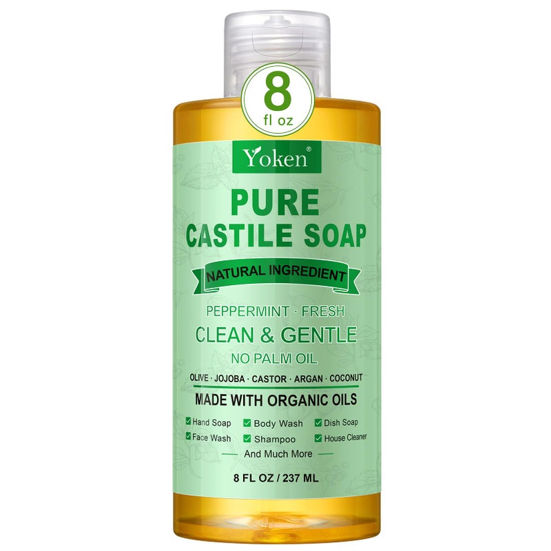 Yoken Peppermint Castile Soap Liquid 8 OZ, Made with Certified Organic Oils, Gentle Peppermint Soap for Body Wash, Face, Hands, Dishes, Laundry & More - Vegan & Natural Ingredients Versatile Cleanser - Image 1
