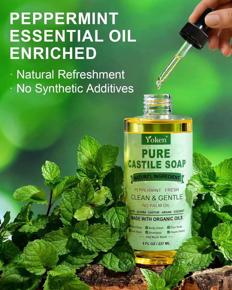 Yoken Peppermint Castile Soap Liquid 8 OZ, Made with Certified Organic Oils, Gentle Peppermint Soap for Body Wash, Face, Hands, Dishes, Laundry & More - Vegan & Natural Ingredients Versatile Cleanser - Image 3