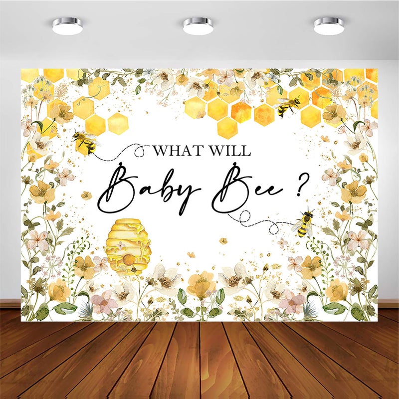 Avezano Bee Gender Reveal Backdrop What Will Baby Bee Photography Background Bumble Honeycomb Gender Reveal Party Decorations Banner Floral Theme Baby Shower Photo Backdrops (7x5ft) - Image 1