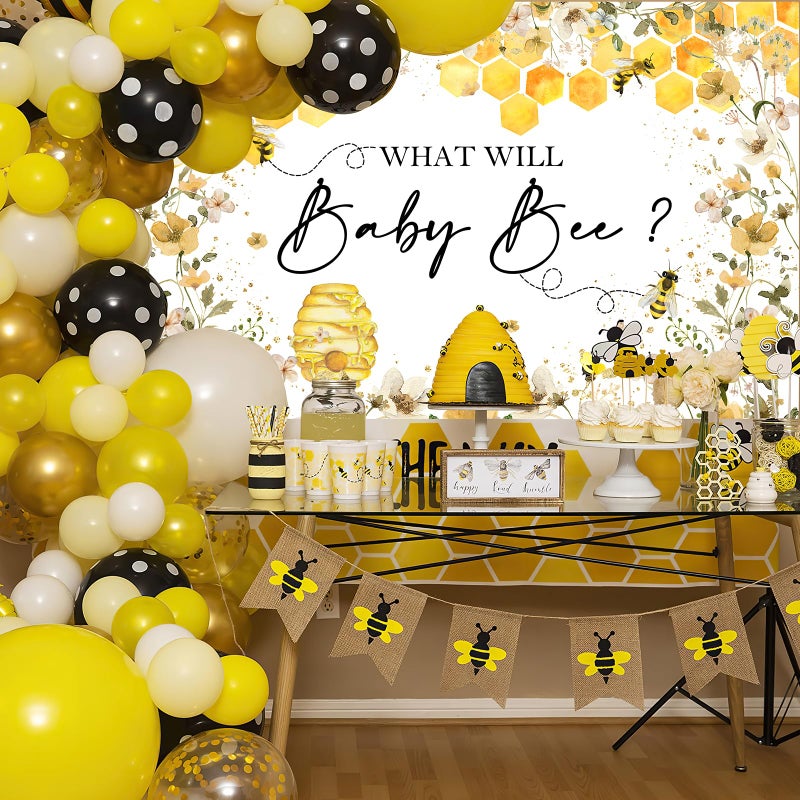 Avezano Bee Gender Reveal Backdrop What Will Baby Bee Photography Background Bumble Honeycomb Gender Reveal Party Decorations Banner Floral Theme Baby Shower Photo Backdrops (7x5ft) - Image 2