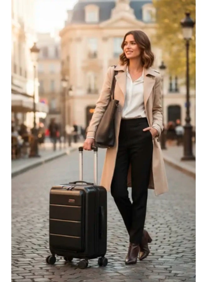 Loren MigoPremium Black Hard Shell Trolley Suitcase, Front-Access Travel Luggage with 360° Spinner Wheels, Telescopic Handle and Spacious Storage, 20 Inches Capacity Travel Bag - Image 5