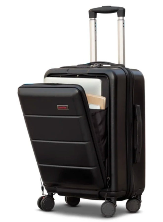 Loren MigoPremium Black Hard Shell Trolley Suitcase, Front-Access Travel Luggage with 360° Spinner Wheels, Telescopic Handle and Spacious Storage, 20 Inches Capacity Travel Bag - Image 1